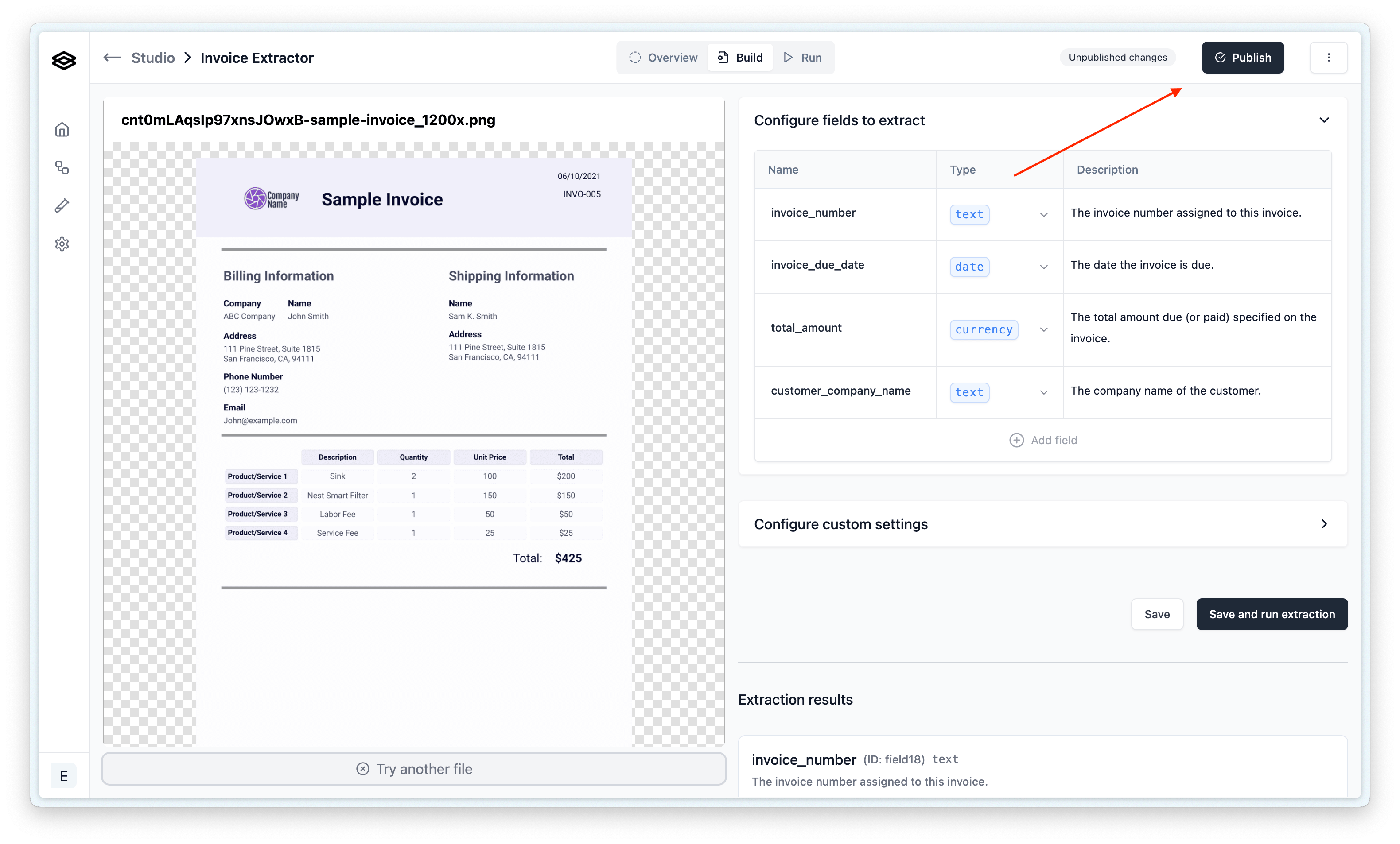 Extractor page in Studio with the Publish button and the "Unpublished changes" indicator