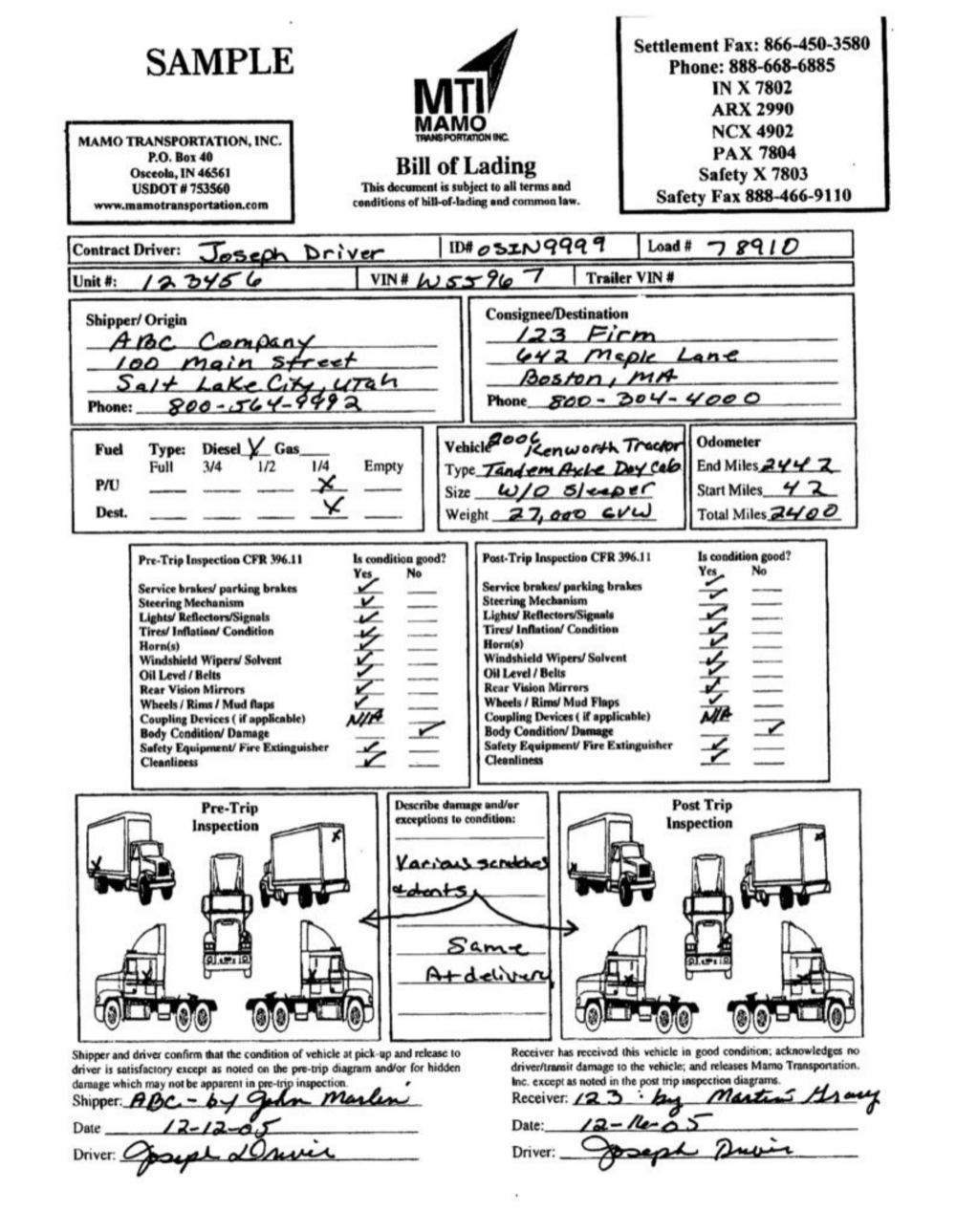 A bill of lading document