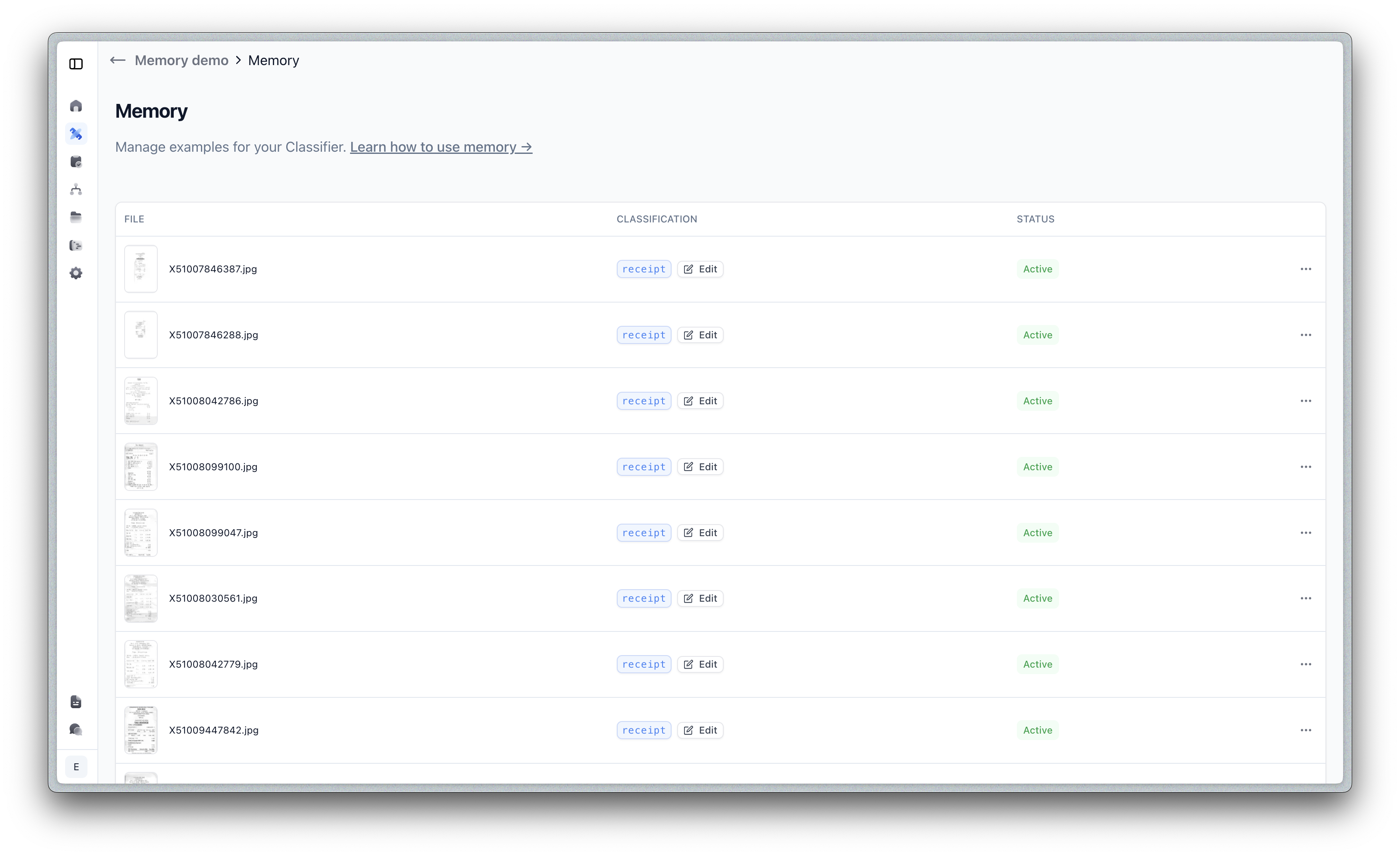 Manage memory view listing stored classification examples
