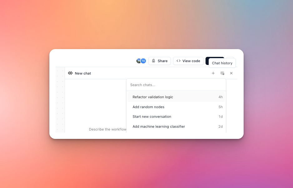 Composer chat history menu showing searchable saved conversations and their last activity times