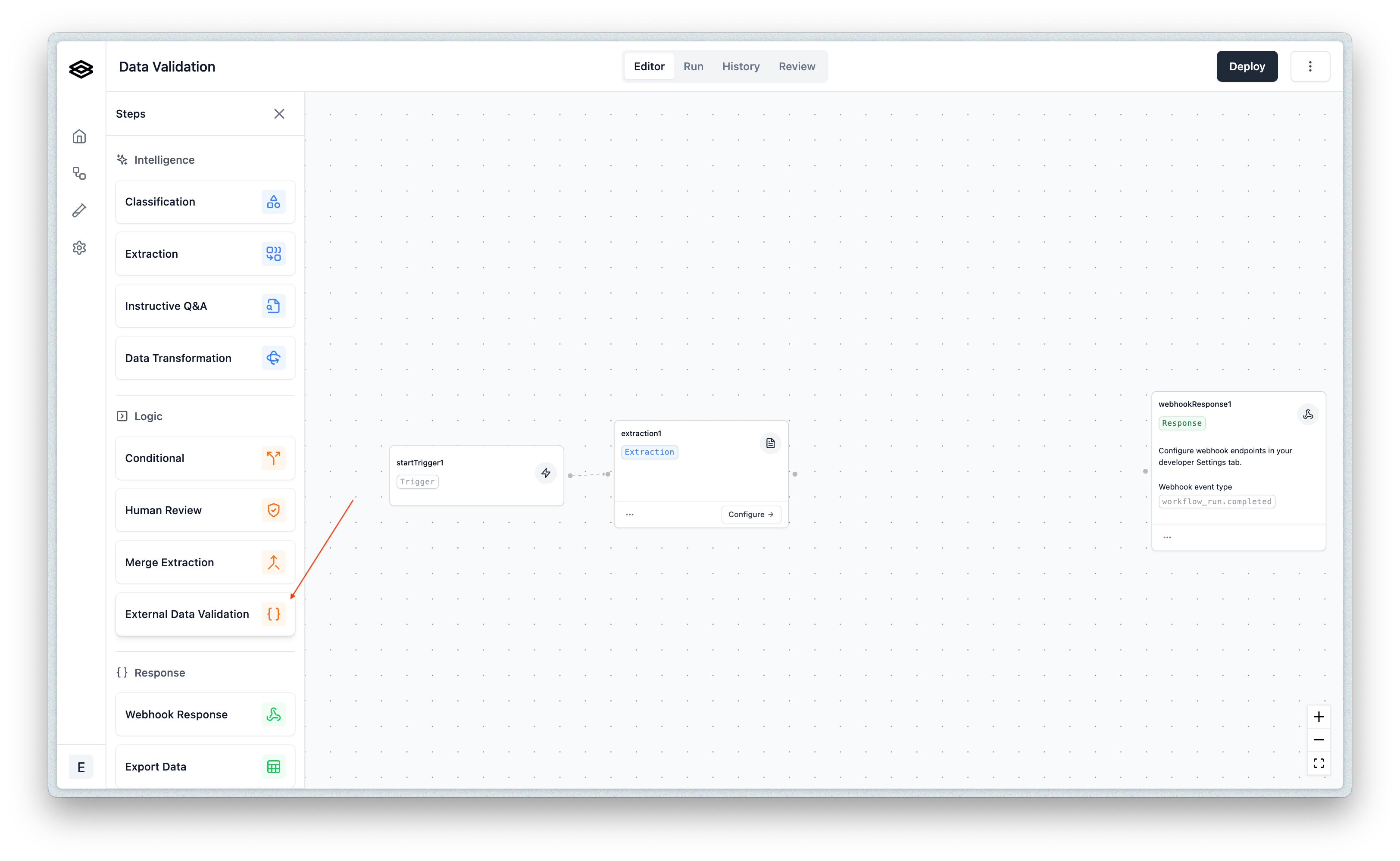 Workflow builder step drawer with the External Data Validation step