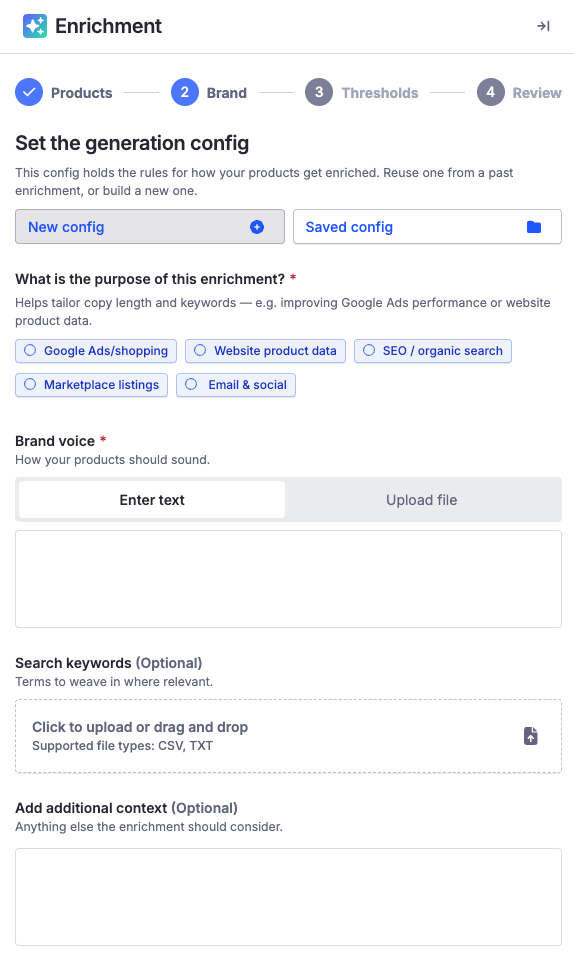 The Set the generation config step, with purpose options — Google Ads/shopping, Website product data, SEO/organic search, Marketplace listings, Email & social — a brand voice text area with an upload tab, a keywords file upload, and an additional context box.