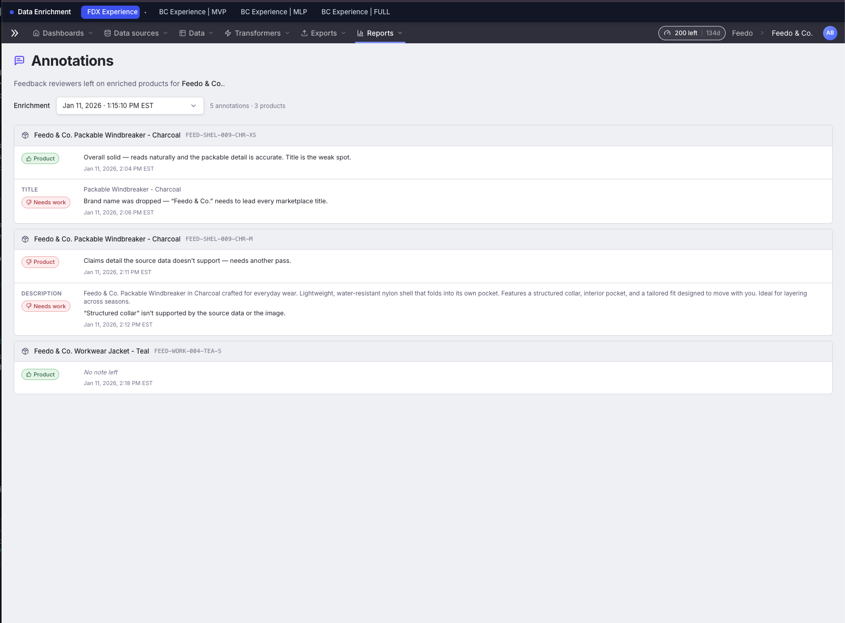 The Annotations report under Reports. Each product in the enrichment run is listed with its product-level feedback and any per-field feedback, each carrying a thumbs up or down and a Needs work badge where applicable.
