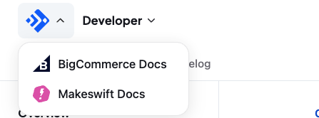 Feedonomics logo opened to reveal a dropdown with links to the BigCommerce and Makeswift docs sites