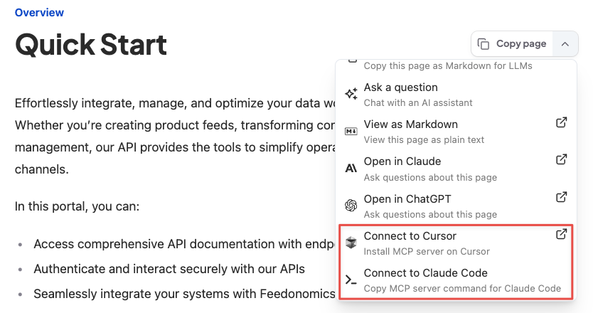 Copy page dropdown showing Connect to Cursor and Connect to Claude Code options highlighted