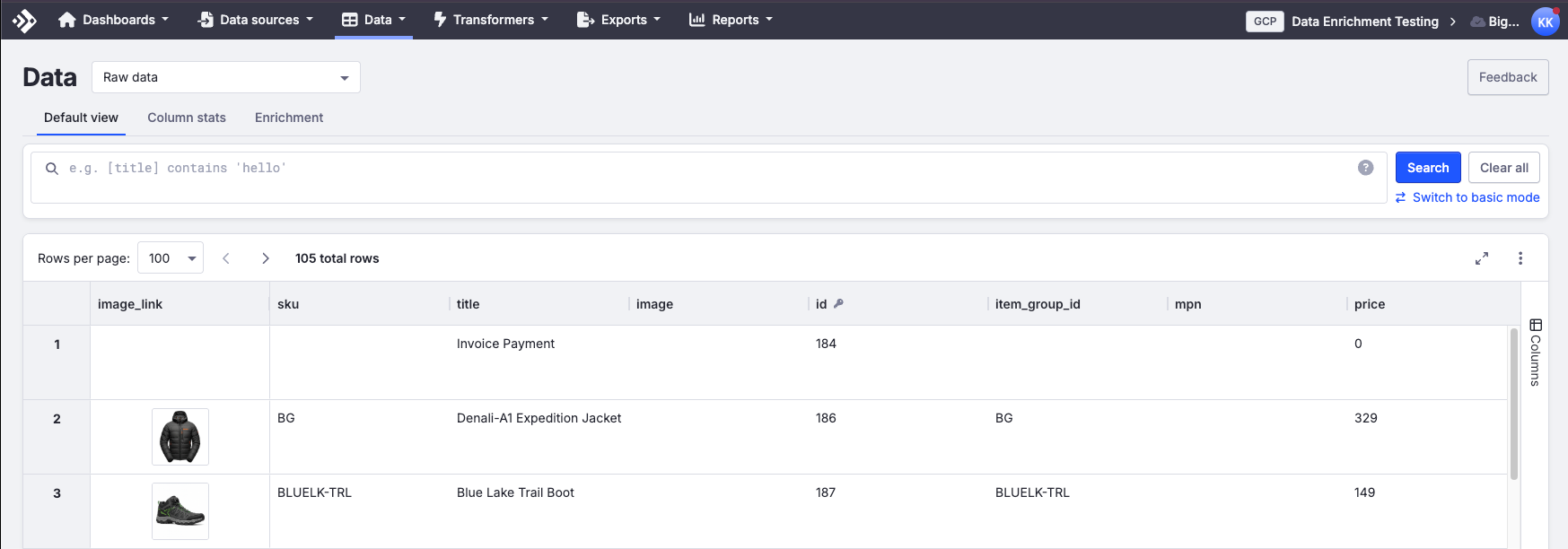 The FDX Data area showing the Raw data table with three tabs — Default view, Column stats, and Enrichment — with the product rows below.