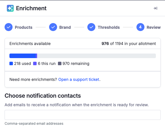 The Review step showing the allotment meter and a Choose notification contacts field for comma-separated email addresses.