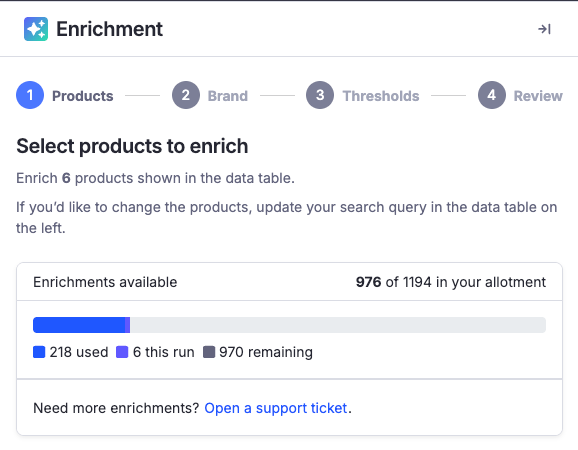 The Select products to enrich step, showing the count of products from the data table and the allotment meter with used, this-run, and remaining segments.