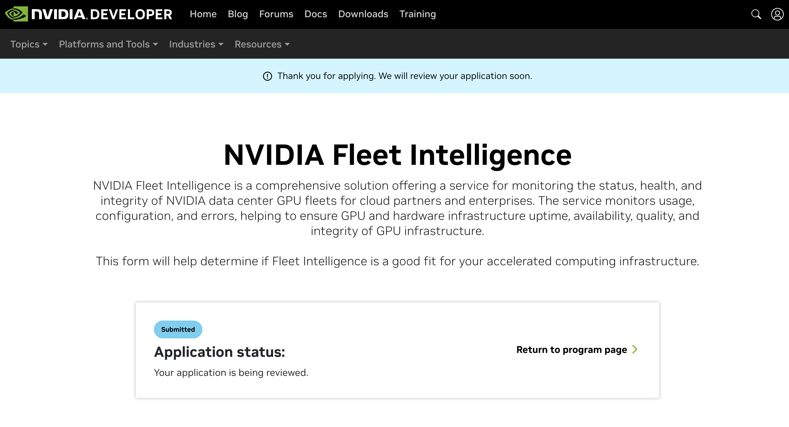 Fleet Intelligence application status page.