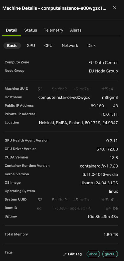 Machine details – Detail tab.