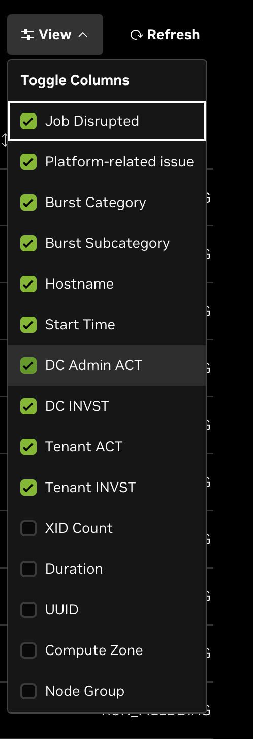 View menu for table columns.