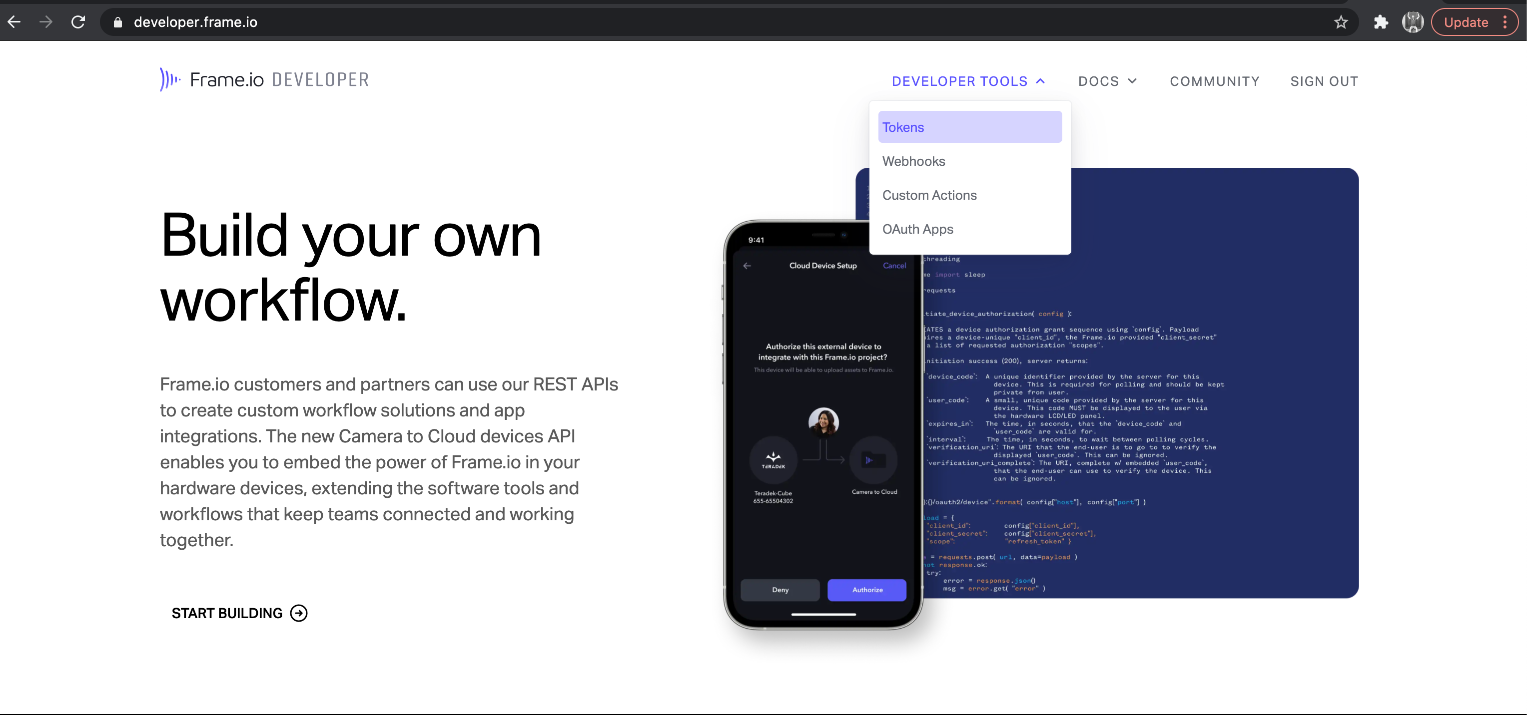 Frame.io 开发者网站上的工具