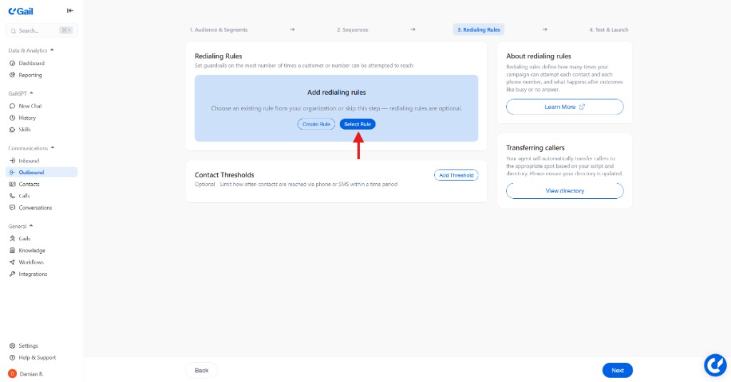 Redialing Rules step with rule selection and contact thresholds