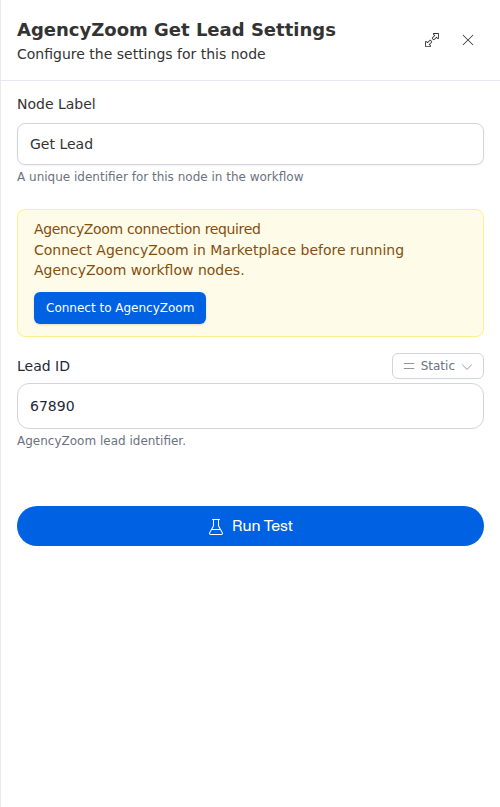 The AgencyZoom Get Lead node configuration panel, showing the lead id.