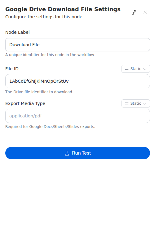 The Google Drive Download File node configuration panel, showing the file id and export format.