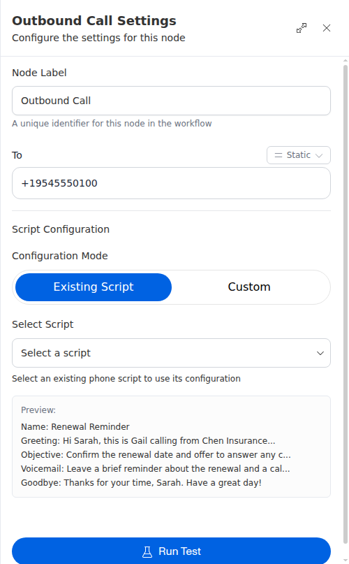 The Outbound Call node configuration panel, showing the destination number and script preview.