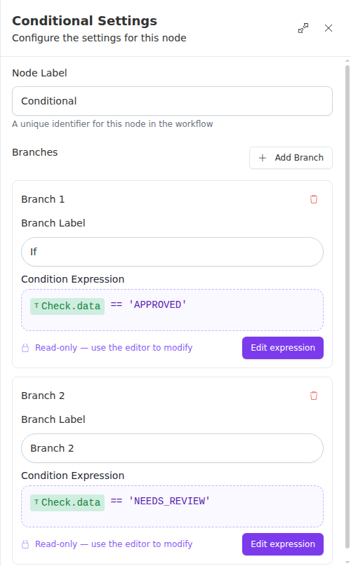 The Conditional node configuration panel, showing branches with labels and condition expressions.