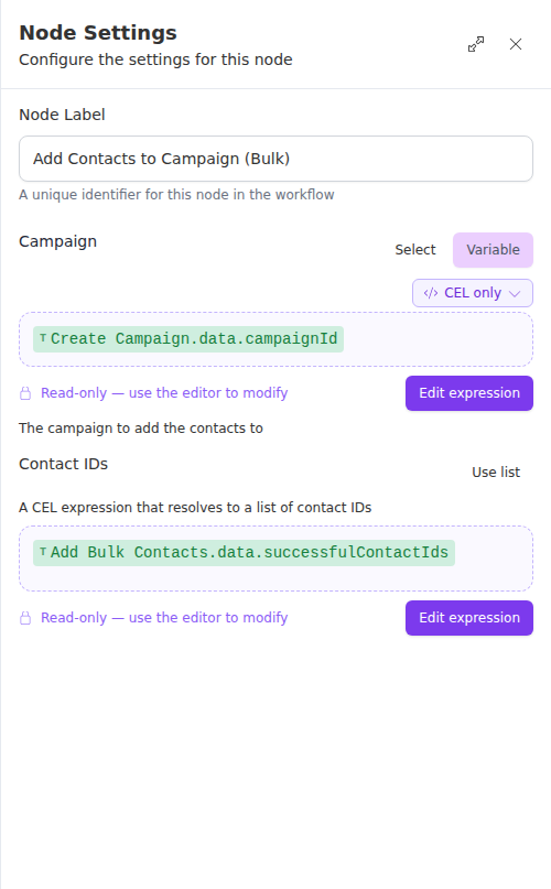 The Add Contacts to Campaign (Bulk) node configuration panel, showing the campaign and the contact-IDs expression.