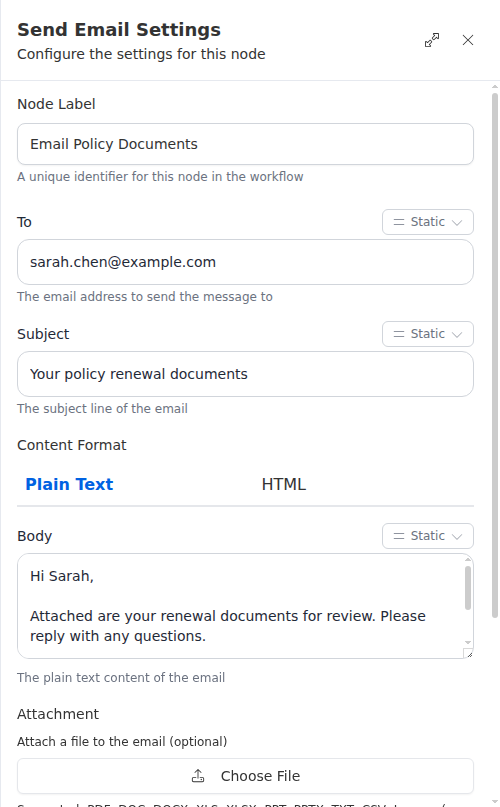 The Send Email configuration panel, showing the recipient, subject, and body fields.