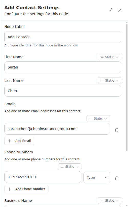 The Add Contact node configuration panel, showing first name, last name, emails, and phone numbers.