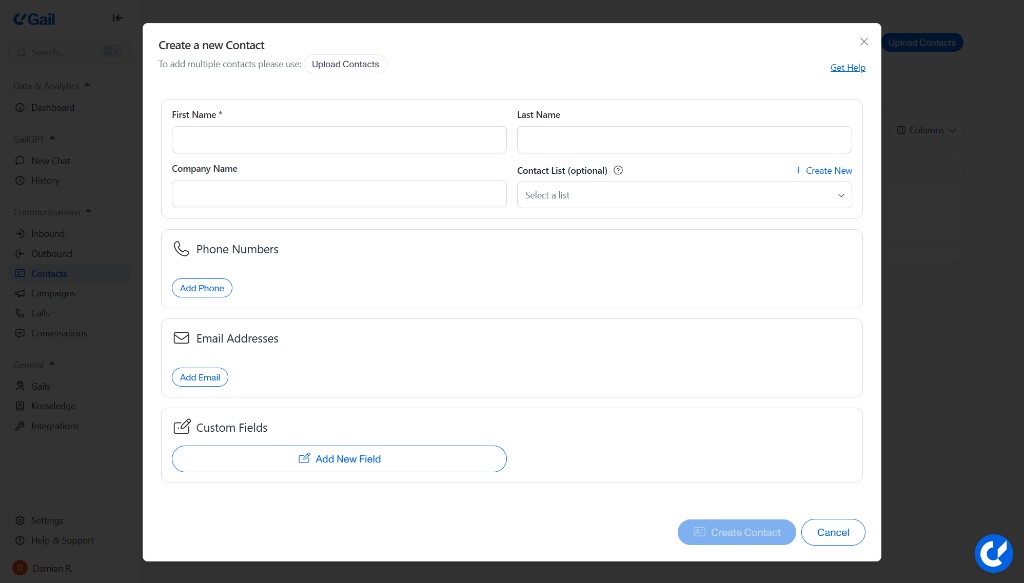 Create a new Contact form details