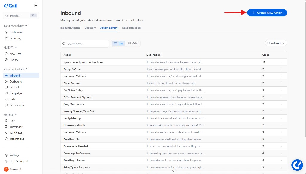 Action Library tab