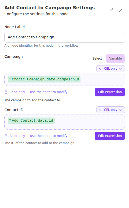 The Add Contact to Campaign node configuration panel, showing the campaign and contact ID fields.
