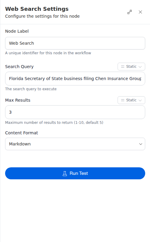 The Web Search node configuration panel, showing the search query, max results, and content format.