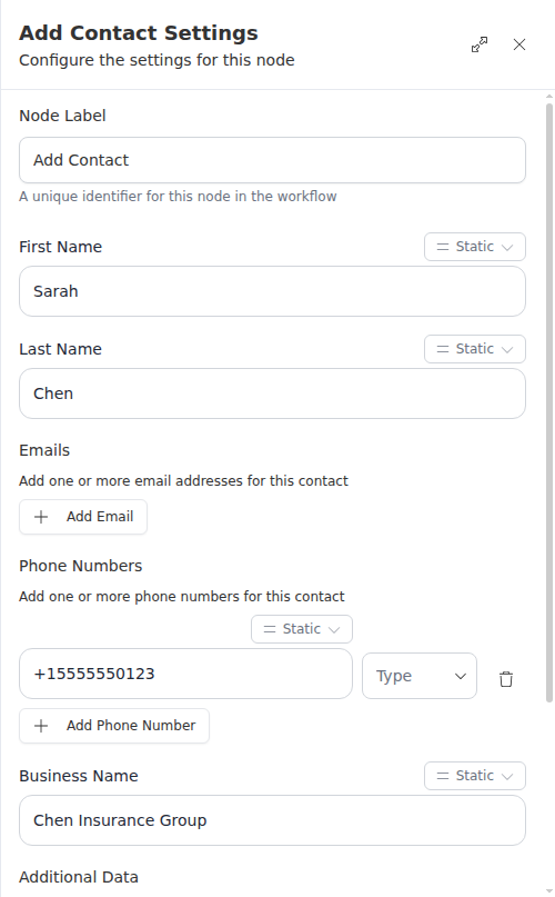 The Add Contact settings panel with first name, last name, phone number, and business name.