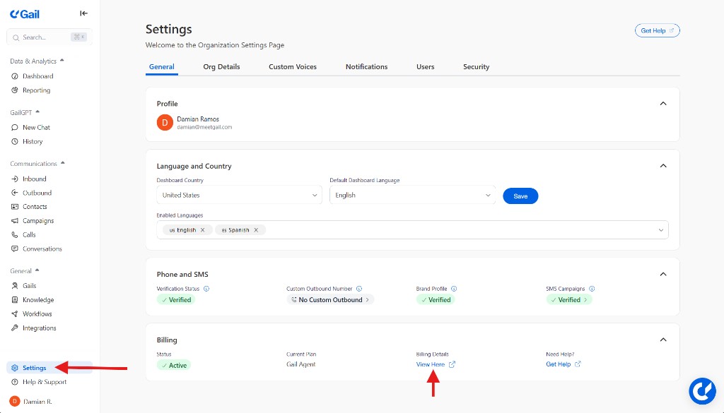 Settings Billing