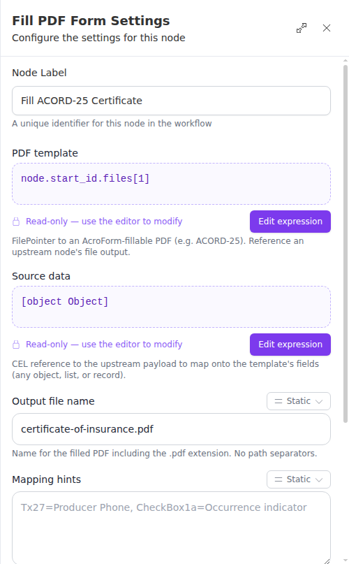 The Fill PDF Form configuration panel, showing the template, source data, and output file name fields.