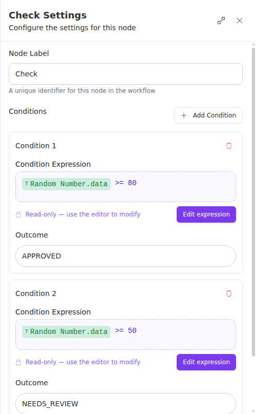 The Check node configuration panel, showing conditions paired with outcomes and a default outcome.