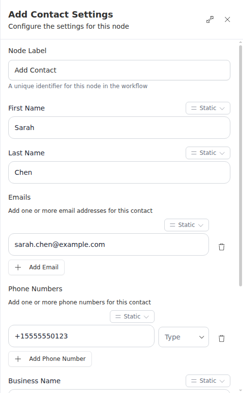 The Add Contact settings panel with the new lead's name, email, phone, and business.