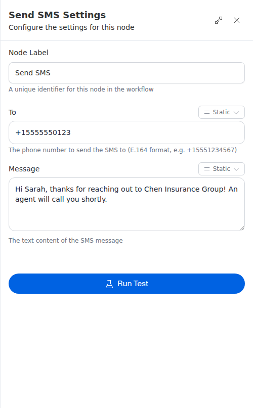 The Send SMS settings panel with a recipient phone number and a welcome message.