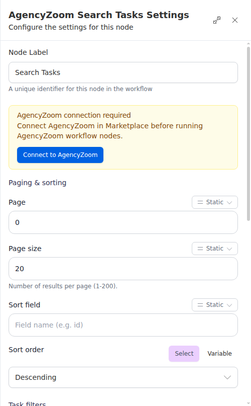 The AgencyZoom Search Tasks node configuration panel, showing the filters and paging.