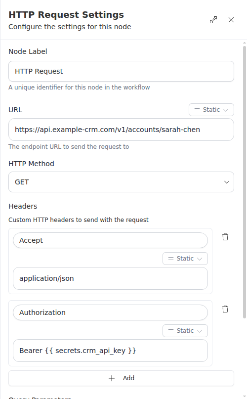 The HTTP Request node configuration panel, showing the URL, HTTP method, and headers.