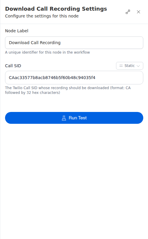 The Download Call Recording node configuration panel, showing the call identifier field.