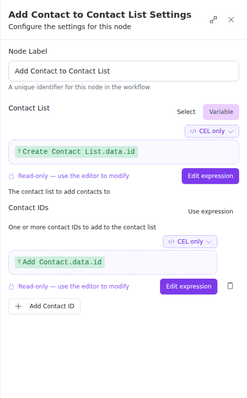 The Add Contact to Contact List node configuration panel, showing the contact list and contact IDs.