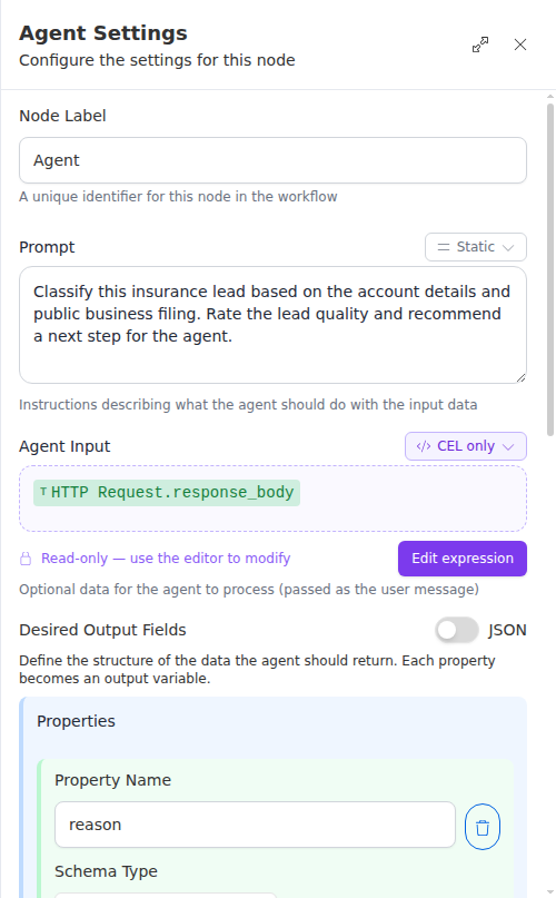 The Agent node configuration panel, showing the prompt, agent input, and desired output fields.