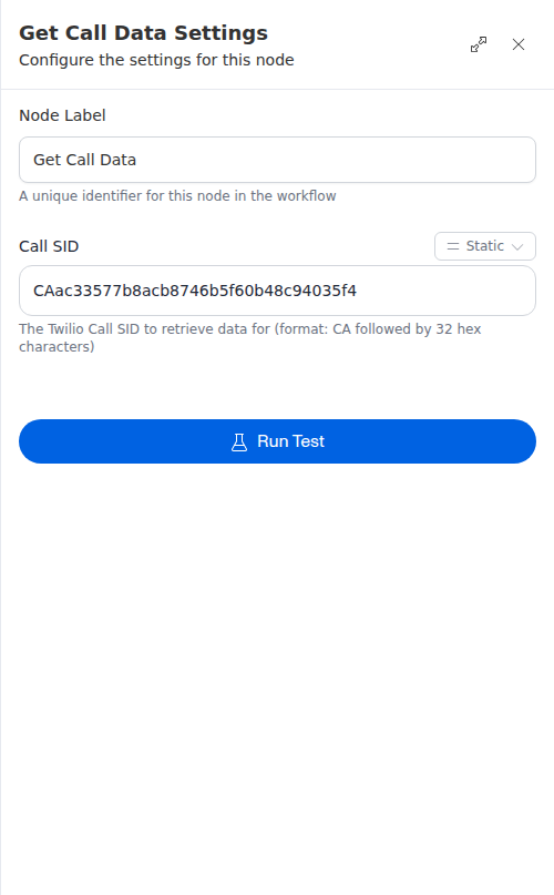 The Get Call Data node configuration panel, showing the call identifier field.
