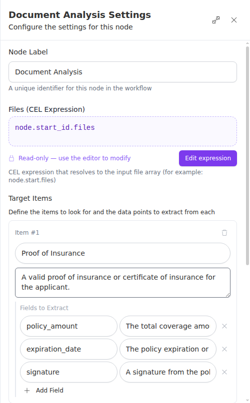 The Document Analysis node configuration panel, showing the files input and target items with fields to extract.