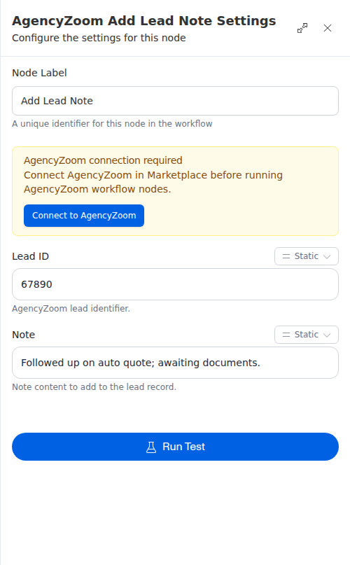 The AgencyZoom Add Lead Note node configuration panel, showing the lead id and note text.