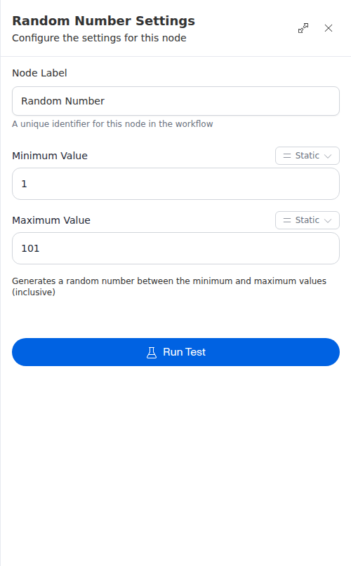 The Random Number node configuration panel, showing a minimum and maximum value.