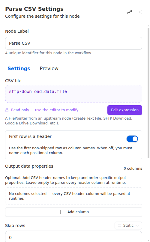 The Parse CSV settings panel: the CSV file set to sftp-download.data.file with first-row-is-a-header turned on.