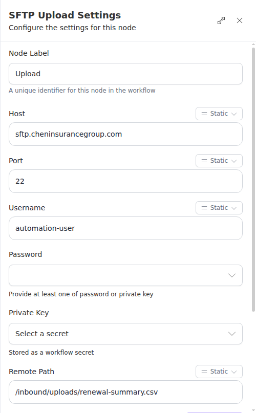 The SFTP Upload node configuration panel, showing the server, destination path, and file.