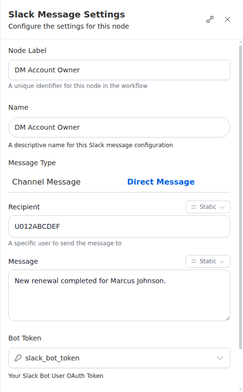 The Direct Message configuration panel, showing the recipient, message, and connection fields.