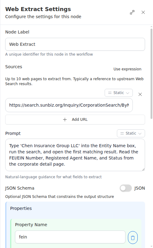 The Web Extract node configuration panel, showing sources, a prompt, and an optional JSON schema.