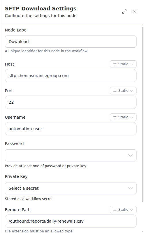 The SFTP Download node configuration panel, showing the server, credentials, and file path.