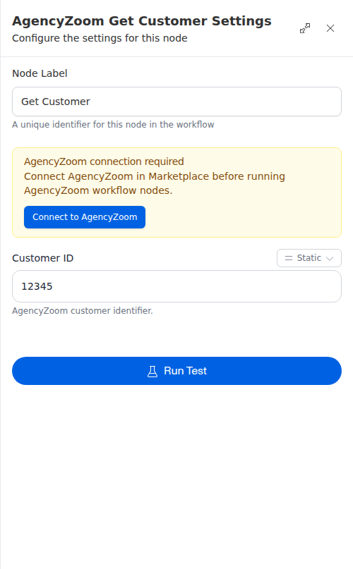 The AgencyZoom Get Customer node configuration panel, showing the customer id.