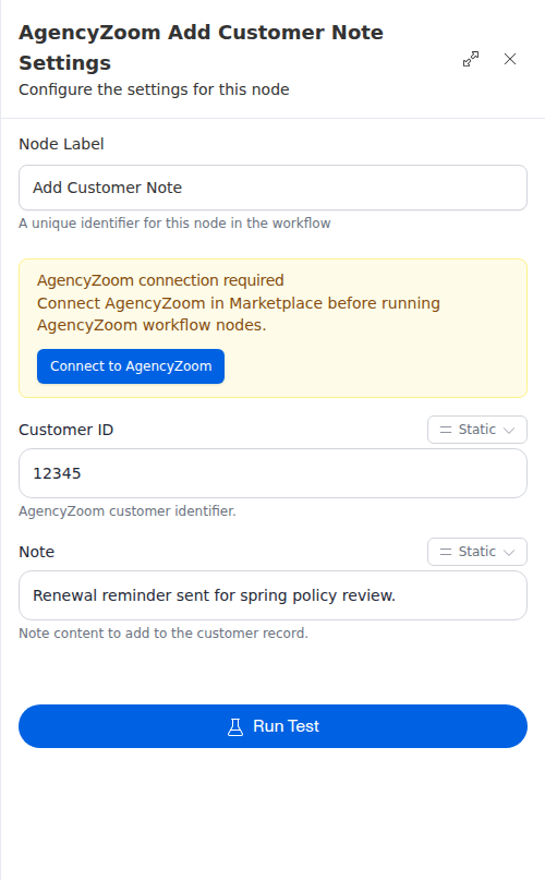 The AgencyZoom Add Customer Note node configuration panel, showing the customer id and note text.